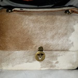 Calfskin "Pony Hair" Leather Frame Bag Purse Vtg Brown Cream Tan twist Closure
